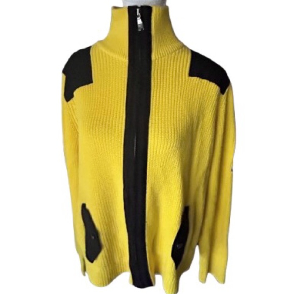Ralph Lauren XL Cotton Bright Yellow Knit Sweater Black  Cardigan Jacket Logo
